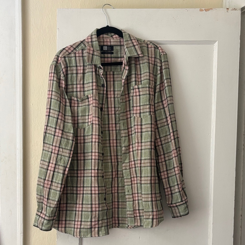 LRG Men's Casual Button Down Shirt - Green and Pink Plaid
